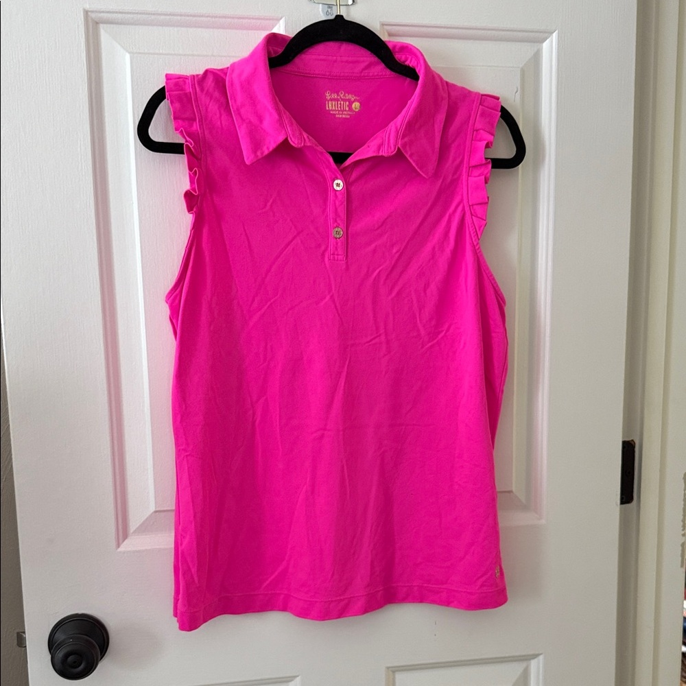 Lilly Pulitzer Vibrant Pink Ruffle Sleeve Polo Top